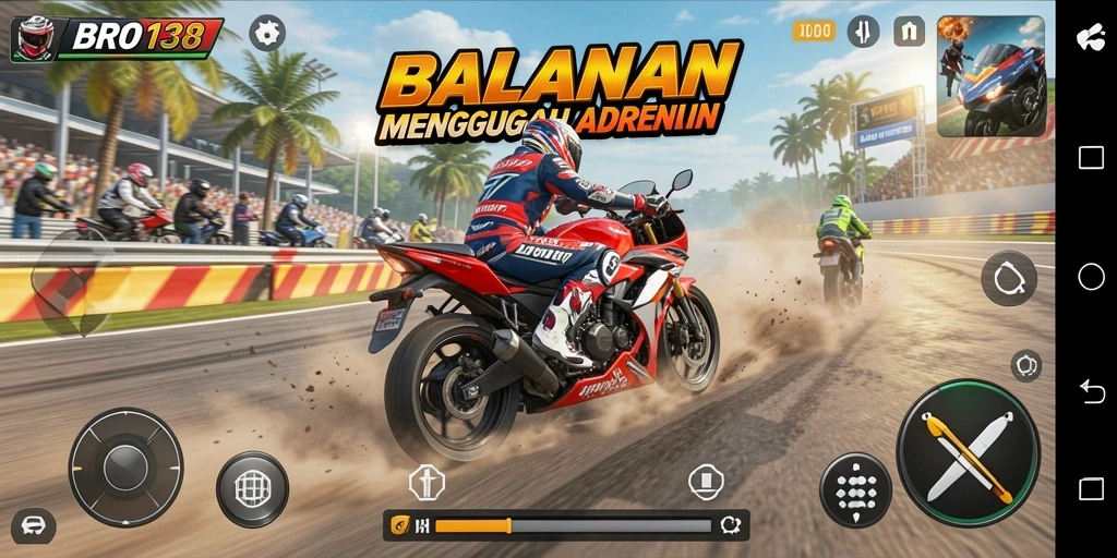 Tampilan gameplay BRO138 yang mendebarkan saat balapan motor.