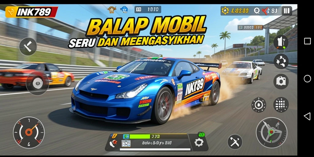 Tangkapan layar gameplay INK789 menampilkan mobil balap di jalur yang menantang.